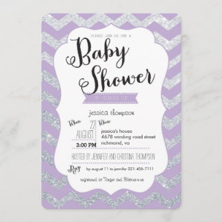 Silver Glitter & Lila Chevron Baby Shower Inbjudan