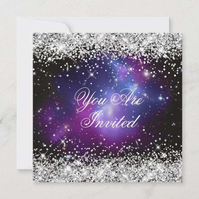 Silver Glitter Lila Galax Celestial Bröllop Inbjudningar (Framsida)