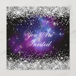 Silver Glitter Lila Galax Celestial Bröllop Inbjudningar
