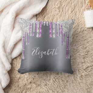 Silver glitter lila gnistra monogram glam av kudde
