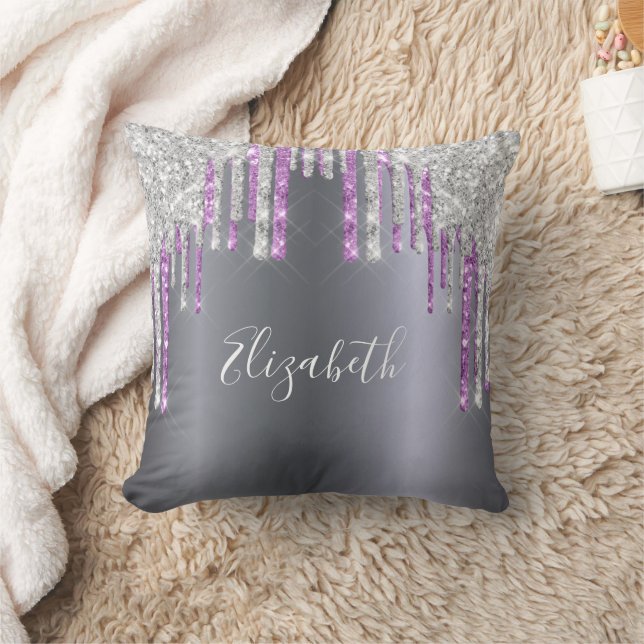 Silver glitter lila gnistra monogram glam av  kudde (Filt)