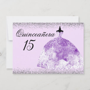 Silver Glitter Lila Gown Quinceanera-inbjudan Inbjudningar