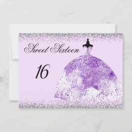 Silver Glitter Lila Gown Sweet 16 inbjudan