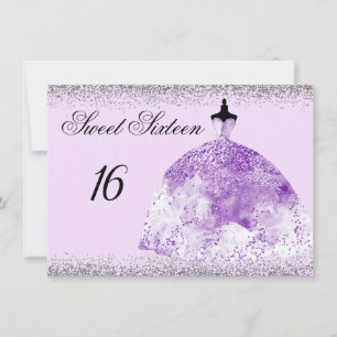 Silver Glitter Lila Gown Sweet 16 inbjudan