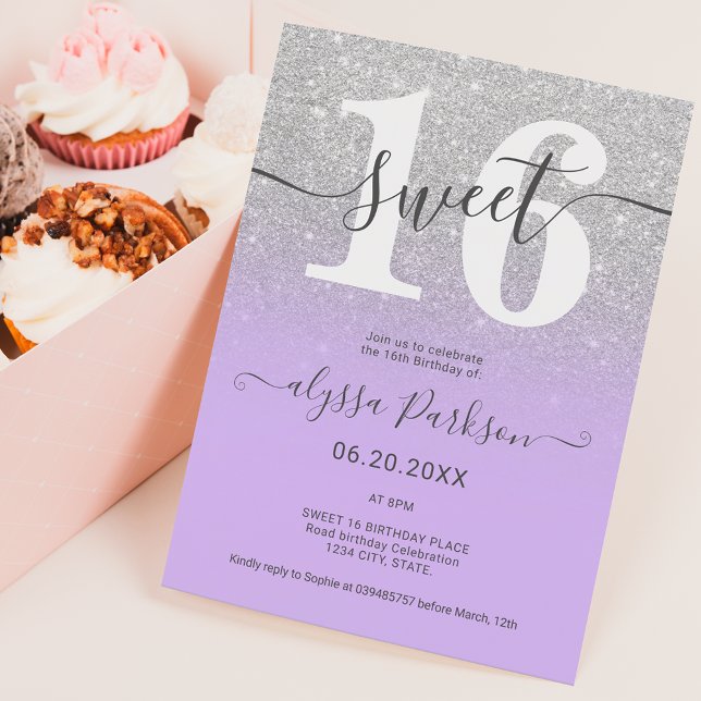 Silver glitter lila lavender chic girly Sweet 16 Inbjudningar (Skapare uppladdad)