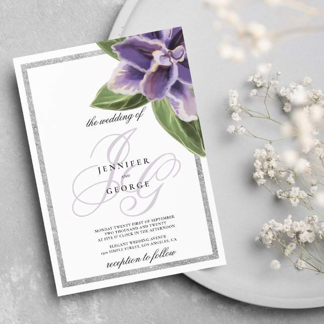Silver glitter lila lavender orchid bröllop inbjudningar (Silver glitter purple lavender orchid wedding)