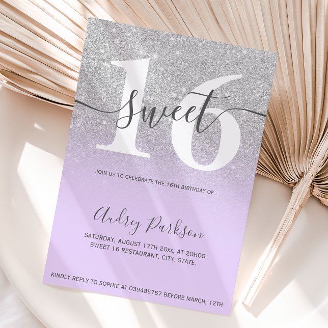 Silver glitter lila lilac ombre girly Sweet 16 Inbjudningar (Skapare uppladdad)