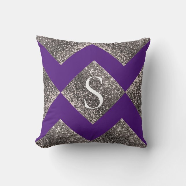 Silver Glitter Lila Monogram Bling Chic Kudde (Framsida)