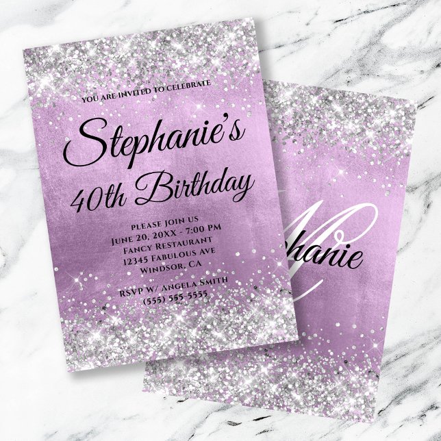 Silver Glitter Lilac Foil Finare Monogram Inbjudningar (Silver Glitter Lilac Foil Fancy Monogram Invitation)