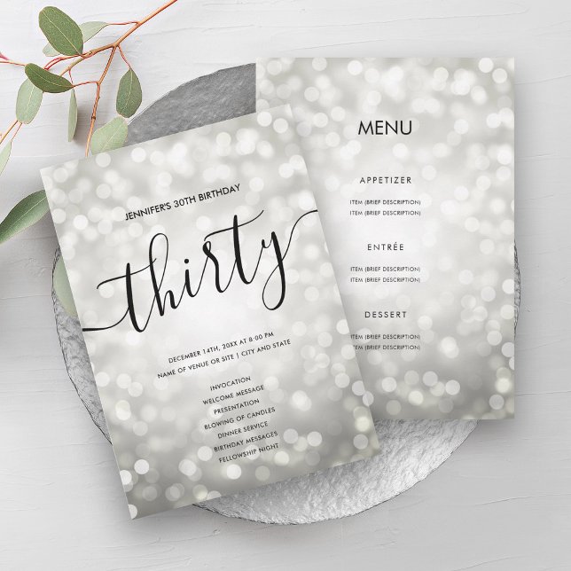 Silver Glitter Ljus 30 Birthday Menu Program (Silver Glitter Lights 30 Birthday Menu Program)
