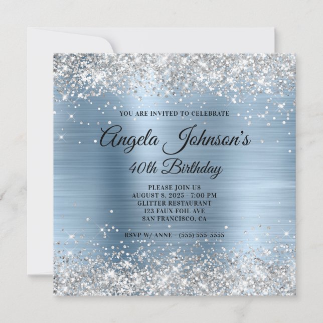 Silver Glitter Ljus Blå Folie 40-årsdag Inbjudningar (Framsida)