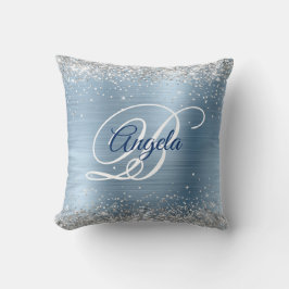 Silver Glitter Ljus Blå Folie Snygg Monogram Kudde