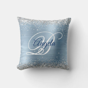 Silver Glitter Ljus Blå Folie Snygg Monogram Kudde