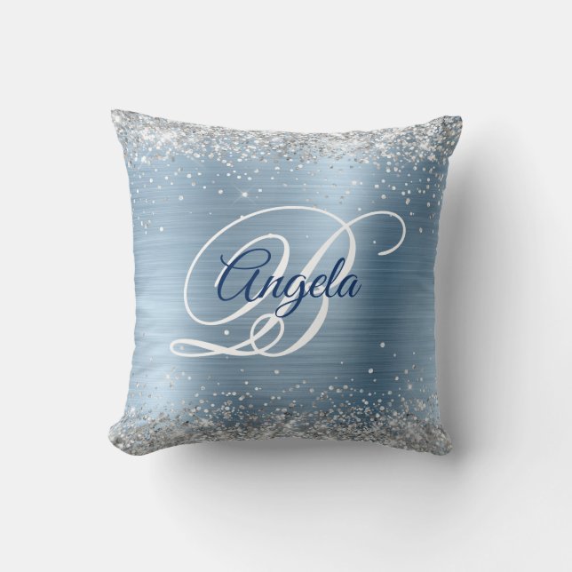 Silver Glitter Ljus Blå Folie Snygg Monogram Kudde (Framsida)