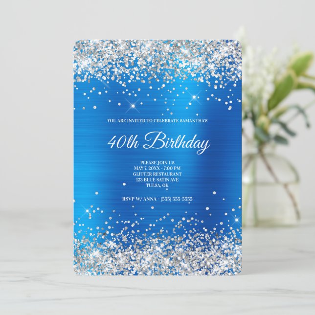 Silver Glitter Ljus Blå Satin Folie 40-årsfirande Inbjudningar (Stående Fram)