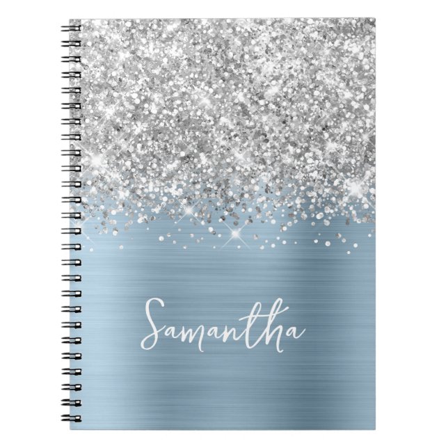 Silver Glitter Ljus Dammtor Blue Glam Script Namn Anteckningsbok (Framsidan)