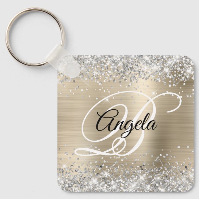 Silver Glitter Ljus Guld Folie Snygg Monogram Nyckelring (Framsida)