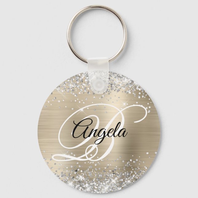 Silver Glitter Ljus Guld Folie Snygg Monogram Nyckelring (Framsida)
