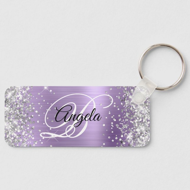 Silver Glitter Ljus Lila Folie Fancy Monogram Nyckelring (Framsida)