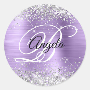 Silver Glitter Ljus Lila Folie Fancy Monogram Runt Klistermärke