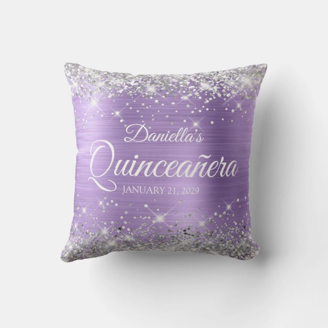 Silver Glitter Ljus Lila Folie Quinceañera Kudde (Baksida)