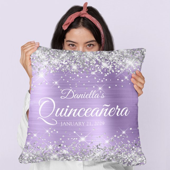 Silver Glitter Ljus Lila Folie Quinceañera Kudde (Silver Glitter Light Purple Foil Quinceañera Throw Pillow)
