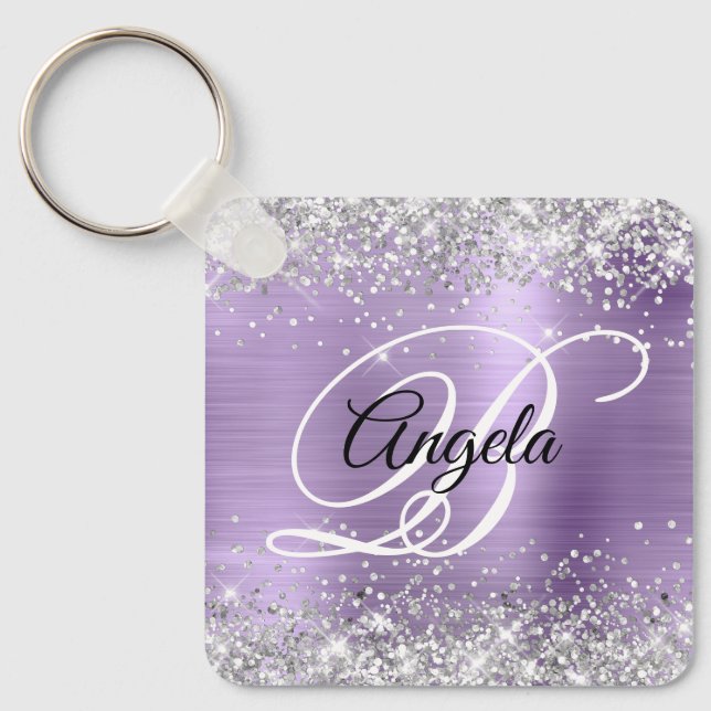 Silver Glitter Ljus Lila Folie Snygg Monogram Nyckelring (Framsida)