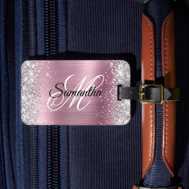 Silver Glitter Ljus Rosa Folie Fancy Monogram Bagagebricka (Framsida Insitu 4)