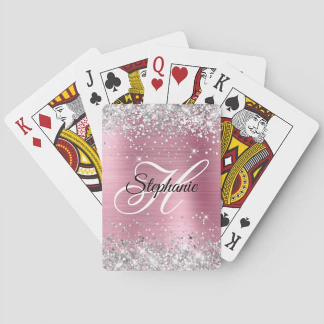 Silver Glitter Ljus Rosa Folie Fancy Monogram Casinokort (Baksidan)