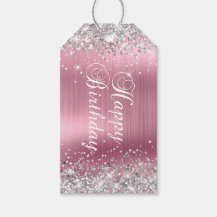 Silver Glitter Ljus Rosa Folie Glad Födelsedag Presentetikett
