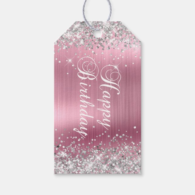 Silver Glitter Ljus Rosa Folie Glad Födelsedag Presentetikett (Framsidan)