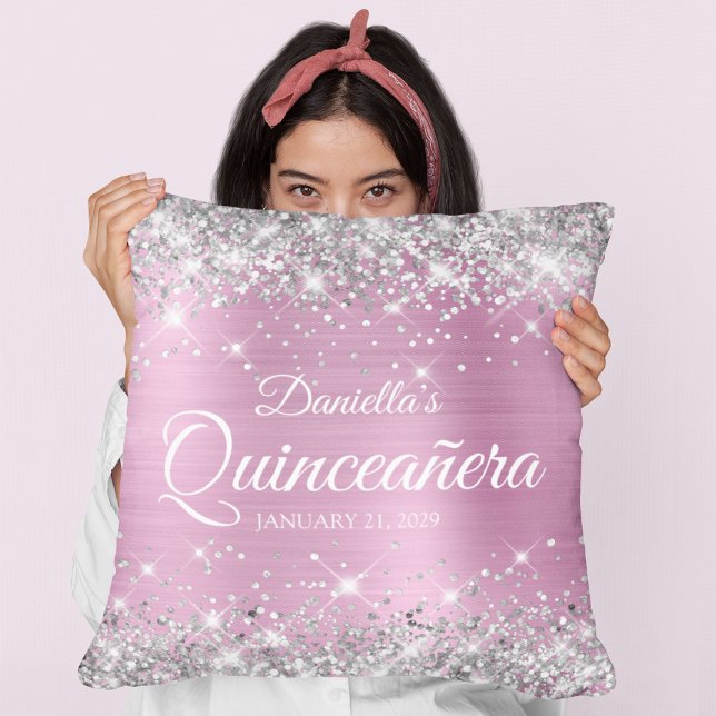 Silver Glitter Ljus Rosa Folie Quinceañera Kudde (Silver Glitter Light Pink Foil Quinceañera Throw Pillow)