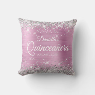 Silver Glitter Ljus Rosa Folie Quinceañera Kudde