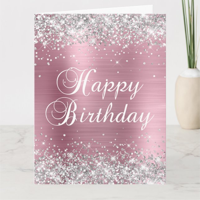 Silver Glitter Ljus Rosa Folie Stor Glad Födelseda Kort (Framsida)