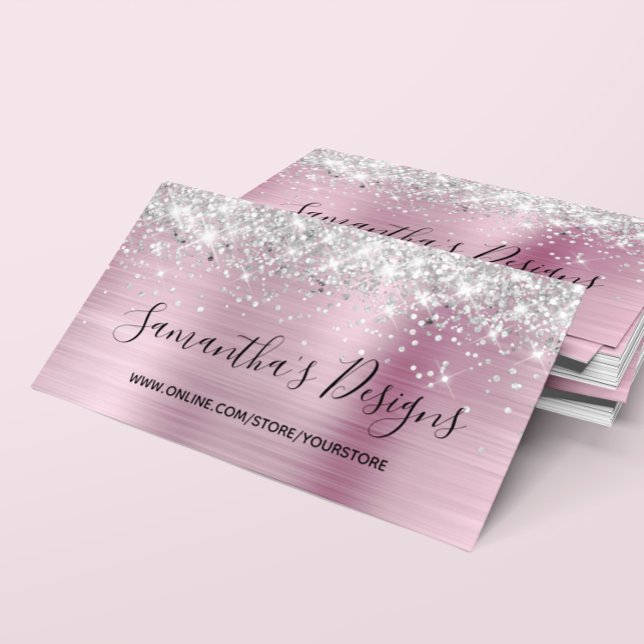 Silver Glitter Ljus Rosa Folie Webbutik Visitkort (Silver Glitter Light Pink Metallic Foil Online Store Business Card)
