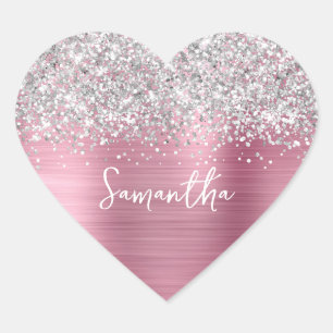 Silver Glitter Ljus Rosa Glam Namn Hjärtformat Klistermärke