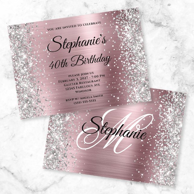 Silver Glitter Ljus Rosa Monogram 40-årsdag Inbjudningar (Skapare uppladdad)