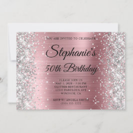 Silver Glitter Ljus Rosa Monogram 50-årsdag Inbjudningar