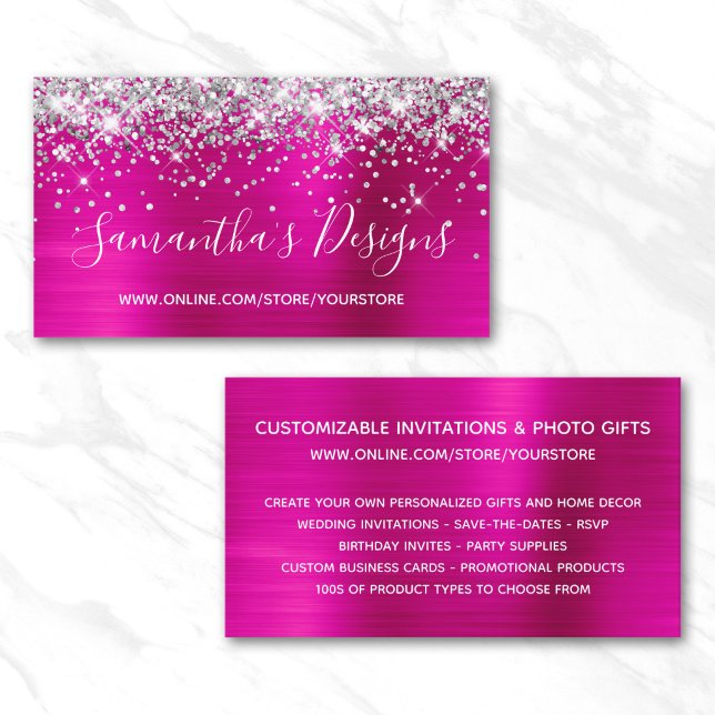Silver Glitter Ljus Varma Rosa Folie Webbutik Visitkort (Silver Glitter Bright Hot Pink Foil Online Store Business Card)