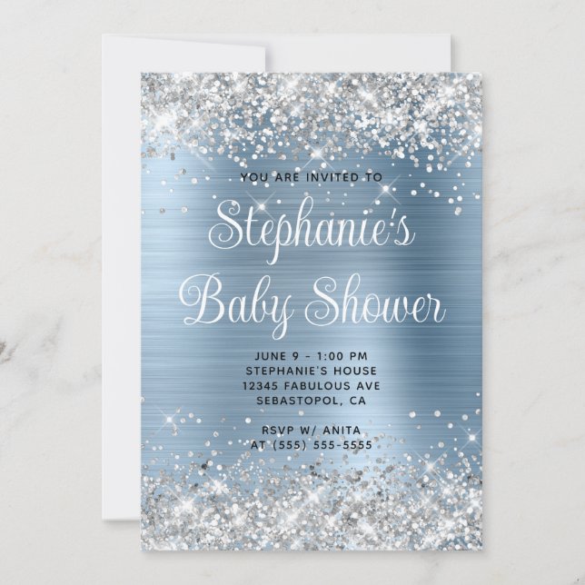 Silver Glitter Ljusblå Baby Shower Inbjudningar (Framsida)