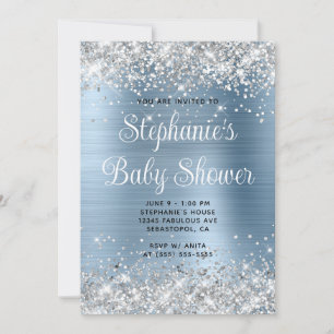 Silver Glitter Ljusblå Baby Shower Inbjudningar