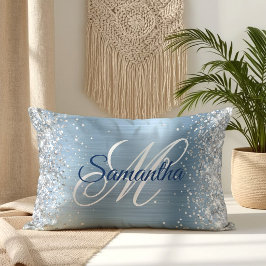 Silver Glitter Ljusblå Folie Fancy Monogram Lumbarkudde