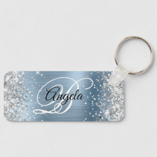 Silver Glitter Ljusblå Folie Fancy Monogram Nyckelring