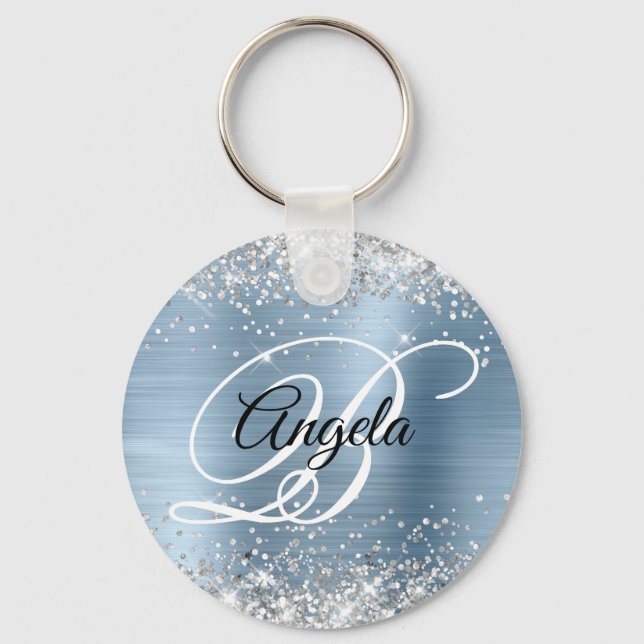 Silver Glitter Ljusblå Folie Fancy Monogram Nyckelring (Framsida)