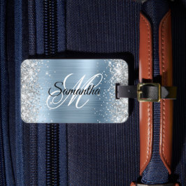 Silver Glitter Ljusblå Folie Snygg Monogram Bagagebricka