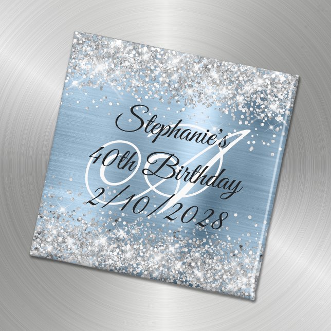 Silver Glitter Ljusblå Monogram 40-årsdag Magnet (Skapare uppladdad)