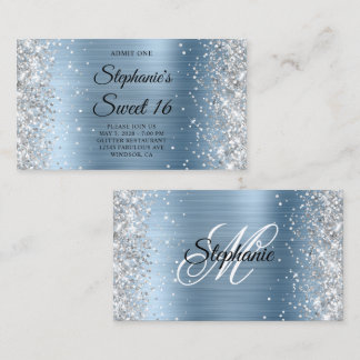 Silver Glitter Ljusblå Monogram Sweet 16 Tillträde Tilläggskort