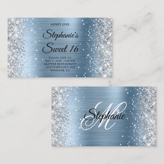 Silver Glitter Ljusblå Monogram Sweet 16 Tillträde Tilläggskort (Fram/baksida)