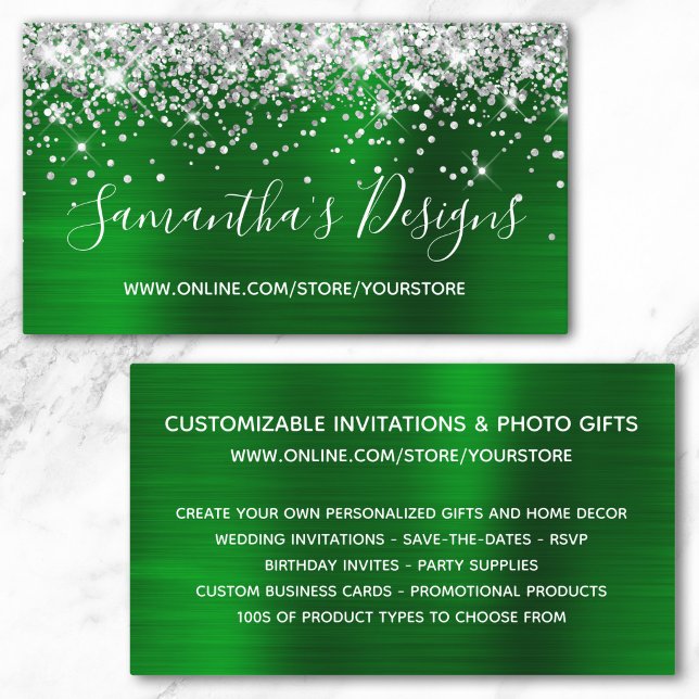 Silver Glitter Ljusgrön Folie Webbutik Visitkort (Silver Glitter Bright Green Foil Online Store Business Card)