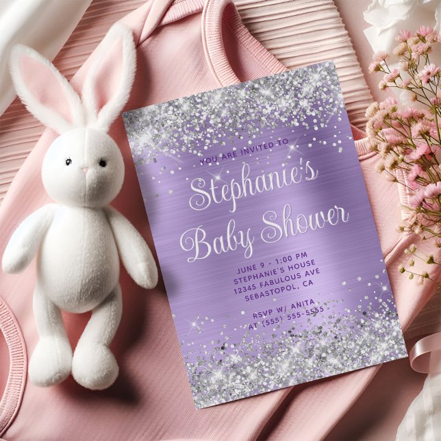 Silver Glitter Ljuslila Barnkalas Inbjudningar (Silver Glitter Pale Purple Baby Shower Invitation)